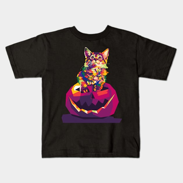 cat in pumpkin wpap Kids T-Shirt by cool pop art house